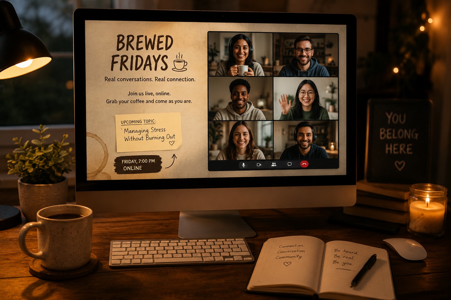 Warm online Brewed Fridays conversation on a computer screen