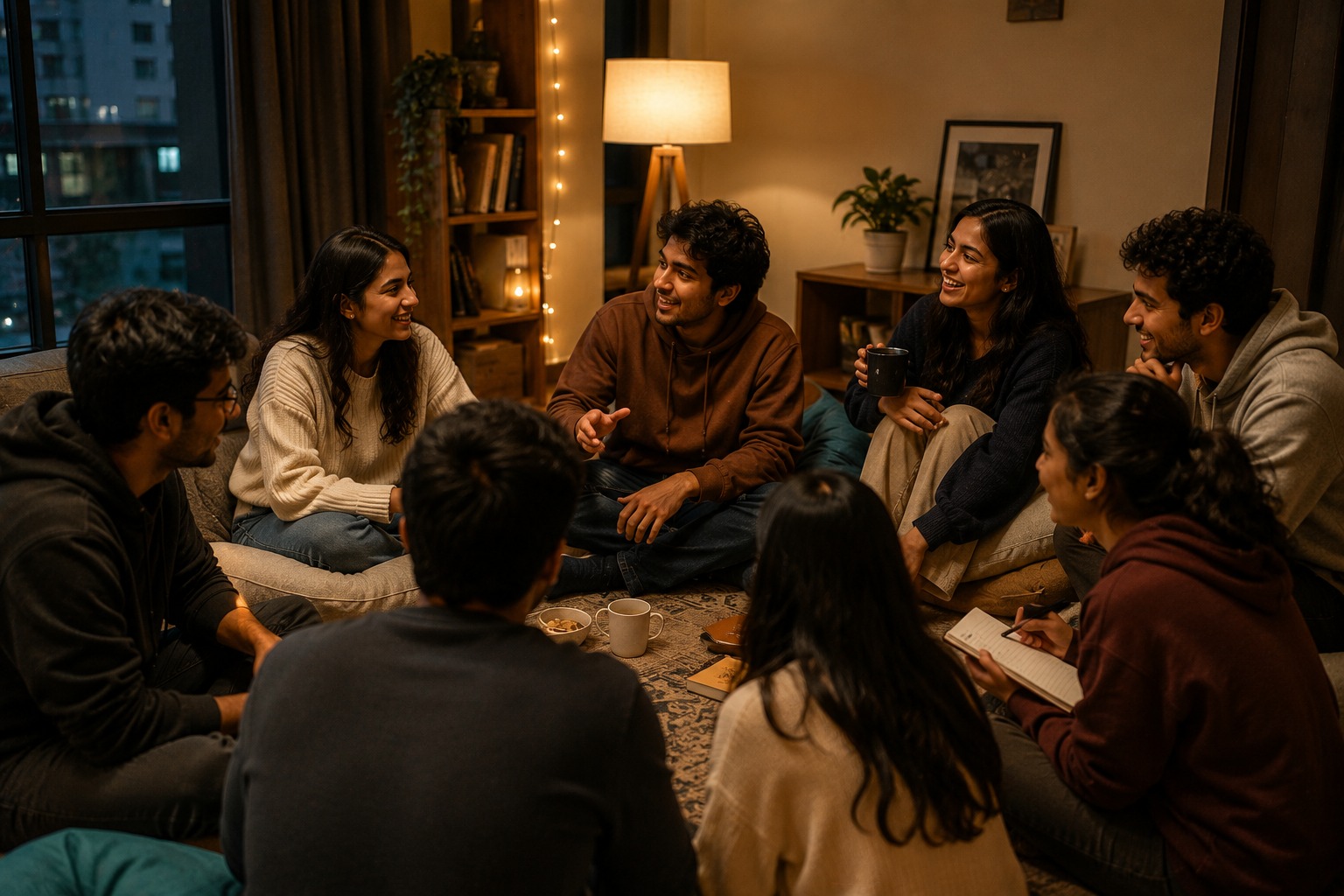 Young adults sitting together in a warm living room conversation