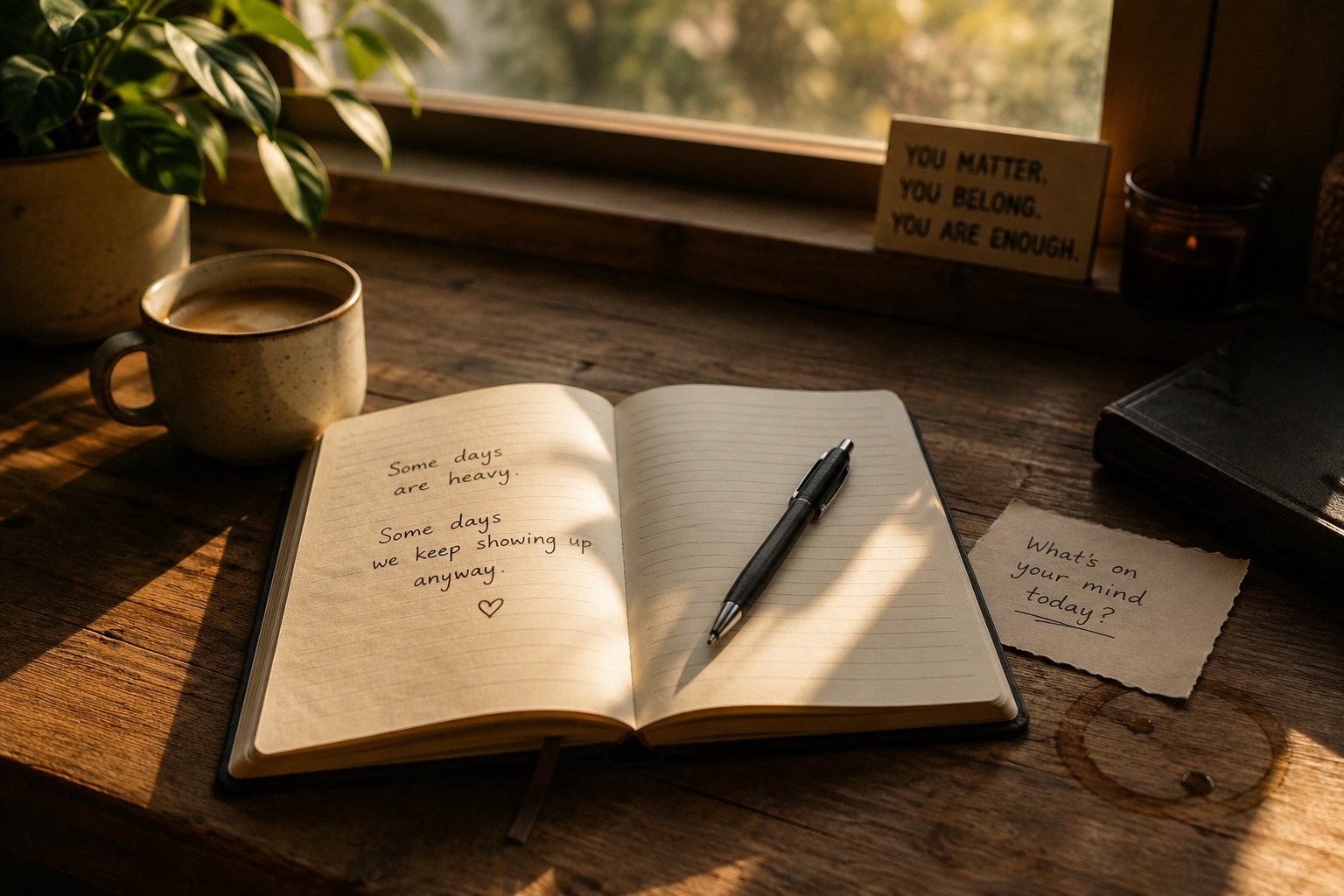 Open journal and coffee on a warm desk